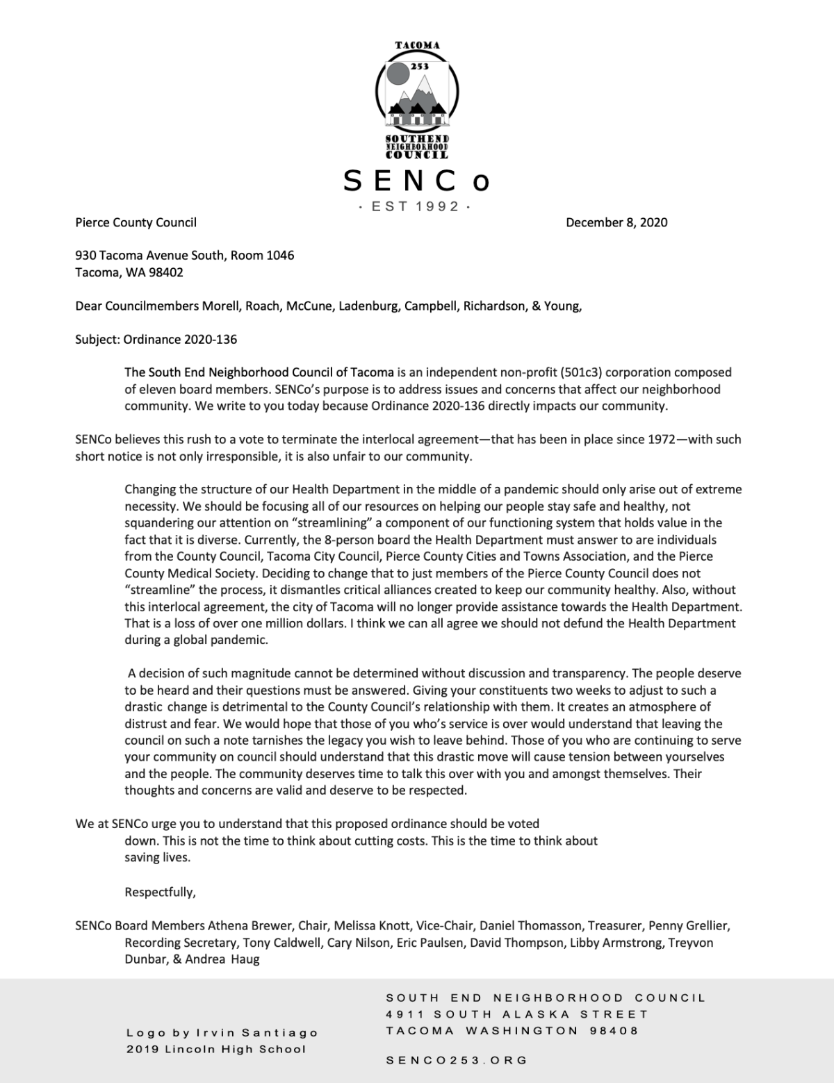 VOTE: SENCo Letter to Pierce County Council Re: Ord.&nbsp;2020-136