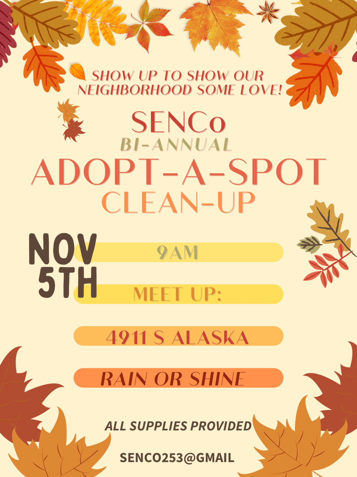 Last-Minute Volunteer Opportunity: SENCo 1hr Adopt-a-Spot Clean-Up 11/5&nbsp;9AM-10AM